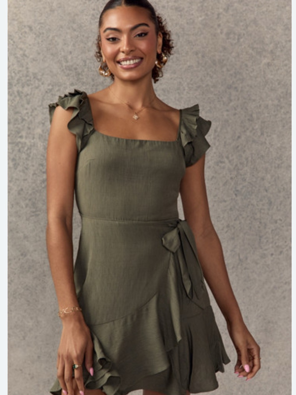 Trixxi Olive Ruffle Tie-Waist Mini Dress